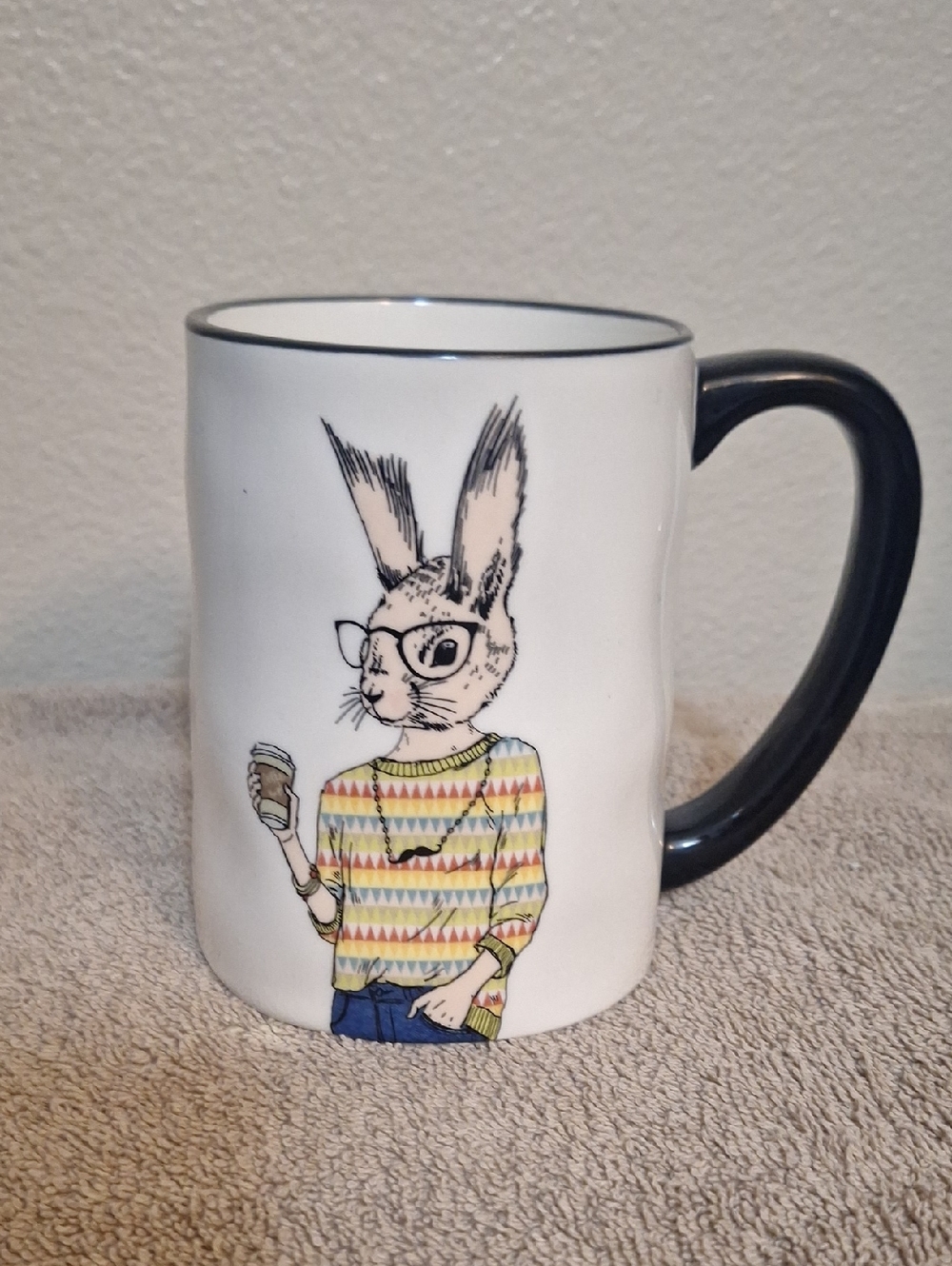 Signature White Ceramic Hipster Bunny Graphic Mug with Black Handle 14oz